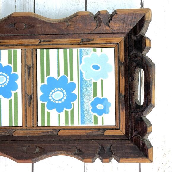 Vintage Rustic Hand Carved Wood Serving Tray with Retro Ceramic Flower Tiles 13" - Picture 5 of 11